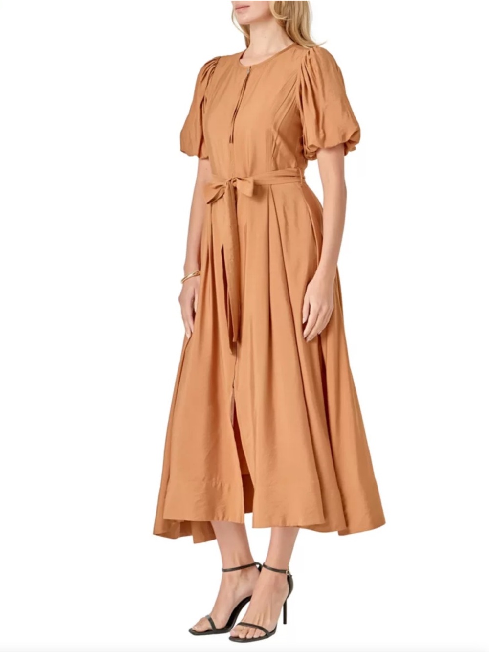 English Factory Puff-Sleeve Maxi Dress in Camel Brown